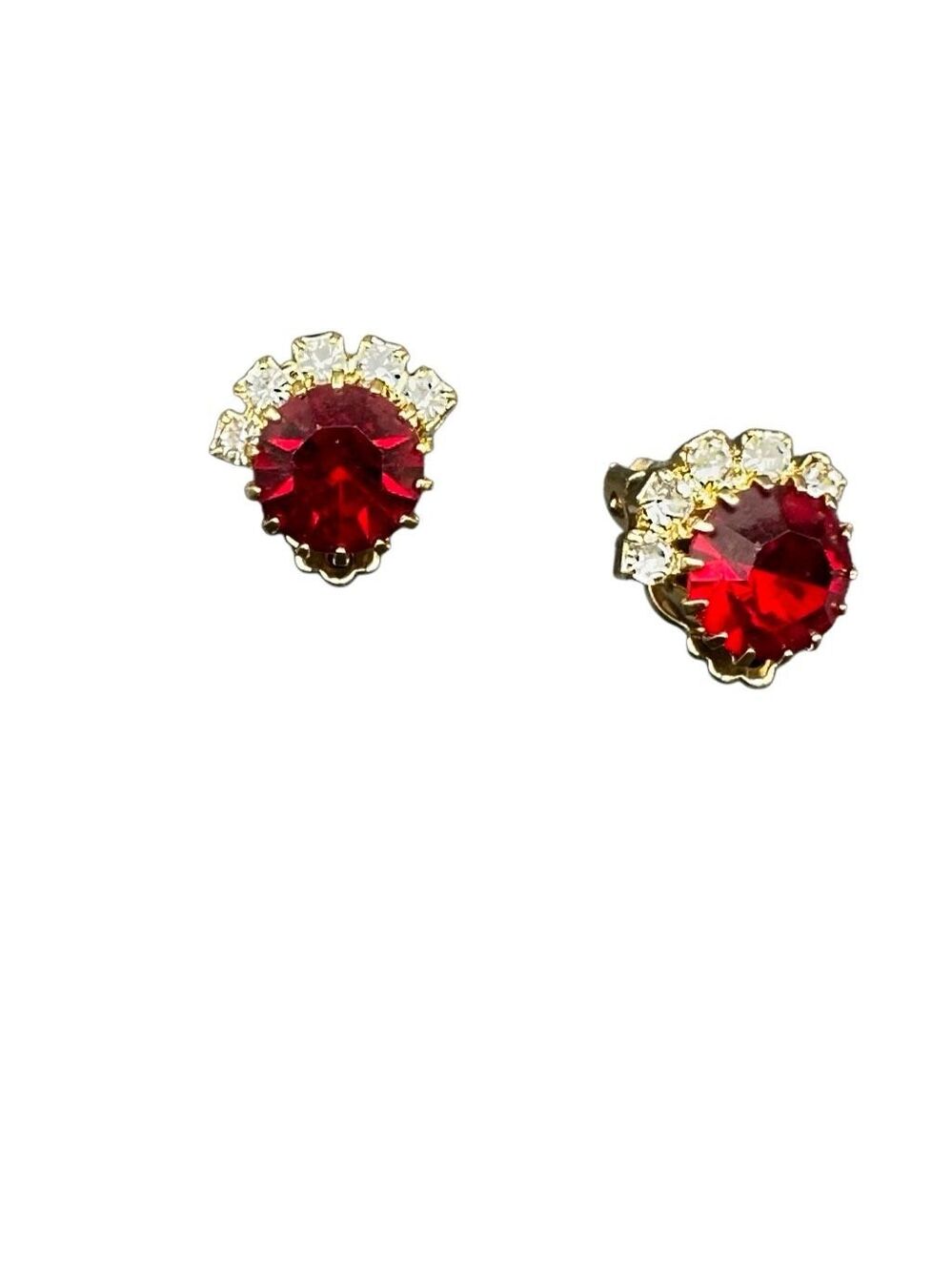 Vintage Mid-Century Gold-Tone Ruby Red Glass & Rhinestone Fan/Crown Statement Ea